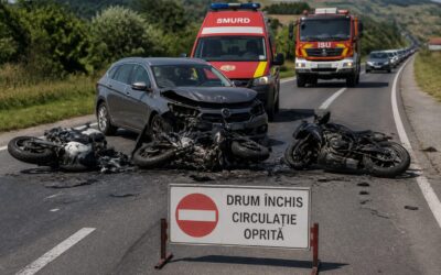 Patru răniți și trafic blocat pe DN7 în Hunedoara după un accident între un autoturism și trei motociclete