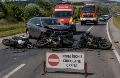Patru răniți și trafic blocat pe DN7 în Hunedoara după un accident între un autoturism și trei motociclete