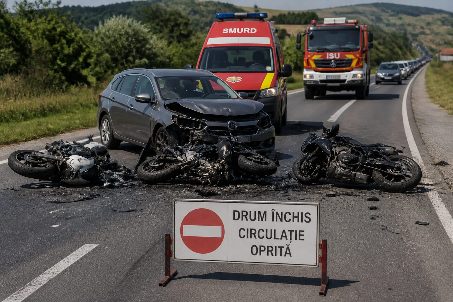 Patru răniți și trafic blocat pe DN7 în Hunedoara după un accident între un autoturism și trei motociclete