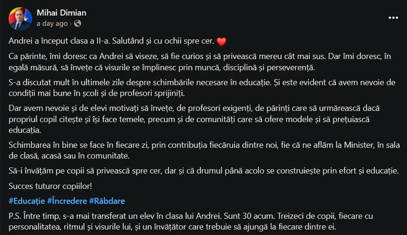 clasa fiului ministrului Educației, Mihai Dimian spune că în clasa fiului său sunt 30 de elevi, deși legea prevede cel mult